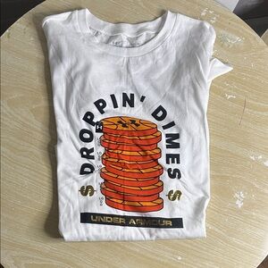 Under Armour White Tee with Orange and Black basketball Design